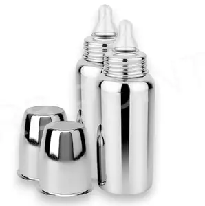 RB POINT Regular Stainless Steel Baby Feeding Bottles (240 ML Mirror Finish Plain Silver) with Steel Travel Cap, Nipple (Pack of 2)