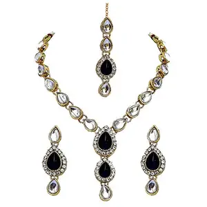 Lucky Jewellery 1-Line Black Alloy Kundan Necklace Set with Maang Tika for Women