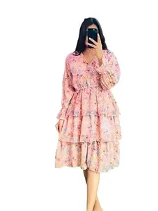 Floral Print Georgette Dress with Puff Sleeves, 43 Inches Long, Casual Occasion Wear (Small) White