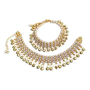 Gold Plated Kundan Anklet with Ruby, Pearl, and Emerald Stones, ams27
