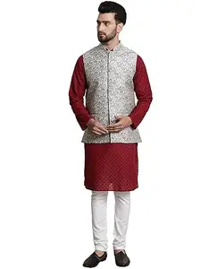 SOJANYA (Since 1958 Men's Pure Cotton Maroon Kurta and White Pyjama With Grey Nehru Jacket