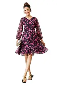 Janasya Women's Black Chiffon Floral Printed A-line Dress