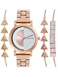 Giordano Drivethrough Collection Analogue Watch for Women Silver/Rosegold Dial, Additional Bracelets, Ladies Wrist Watch with Rose Gold Metal Strap - C2173-33