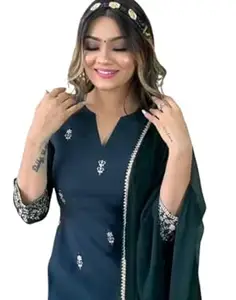 Aurbhi Women's Embroidered Kurta Set with Dupatta, Teal Green, V-Neck, 3/4 Sleeve, Ethnic Wear