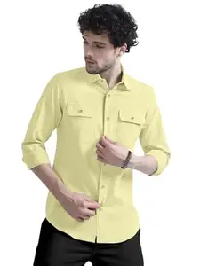 9 BROTHERS Men's Cotton Blend Texture Pattern Casual Shirt | Long Sleeves Men's Shirt | Men's Solid Slim Fit Shirt with Spread Collar | Men's Trendy Shirt | 9 B_Men's_Shirt_08_Yellow_XXL