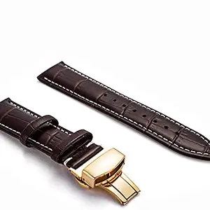 Ewatchaccessories 22mm Genuine Leather Watch Band Strap Fits ROADSTER 3312 Brown With White Stich Deployment Yellow Buckle