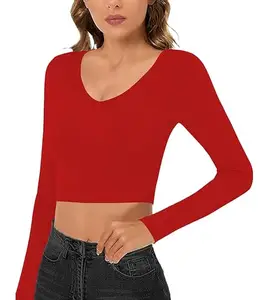 THE BLAZZE Women's Cotton Stylish Stretchable Basic Solid V Neck Full Sleeve Black Crop Top T-Shirt for Women L408 1309 (4XL, RED)