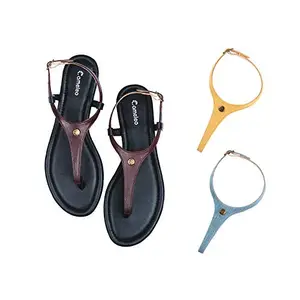 Cameleo -changes with You! Women's Plural T-Strap Slingback Flat Sandals | 3-in-1 Interchangeable Strap Set | Brown-Leather-Yellow-Light-Blue