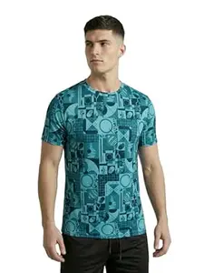 TECHNOSPORT Men Printed Slim Fit Round Neck T Shirt MATPIQ Short Sleeve Polyester Tshirt for Men Gym Workout Running Casual Sports Active Quick Dry Branded