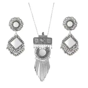 Oxidised Silver Mirror Chand Bali Necklace Set (Oxidised Set_05)