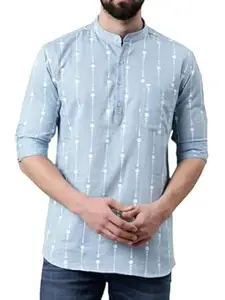 Zombom Men's Cotton Polyester Blend Solid Regular Fit Full Sleeve Printed Short Kurta | Ethnic, Lightweight Summer Kurta for Daily & Occasion Use | Men's Trendy Short Kurta