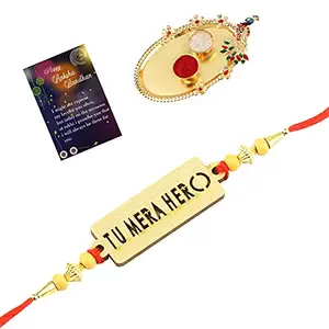 Charm Bhaiya Rakhi " Tu Mera Hero" Deginer Pendant For Bhaiya/Brother/Bhai With Roli Chawal And 1 Greeting Card 1 Kankawati Pooja Thali -621