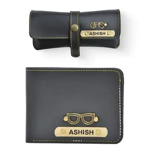YOUR GIFT STUDIO Personalized Men's Combo Vegan Leather Wallet and Eyeware Case | Customized with Name and Charm (Grey)
