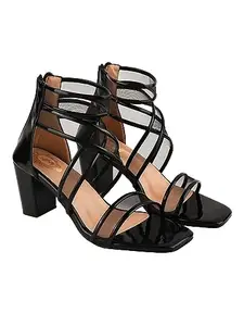 Stylestry Patent Multi Cross Strap Black Block Heeled Sandals For Women & Girls /UK8