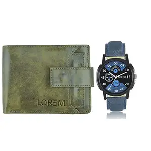 LOREM Combo of Blue Wrist Watch & Green Color Artificial Leather Wallet (Fz-Wl22-Lr02)