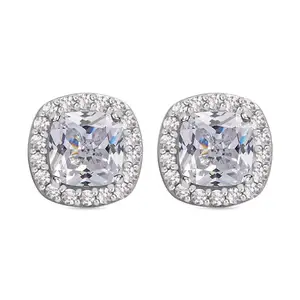 Ornate Jewels 925 Sterling Silver Cushion Shape AAA Grade American Diamond Stud Earrings for Women and Girls