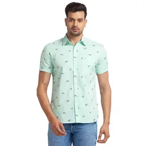 Parx Men's Slim Fit Print Pattern Pure Cotton Half Sleeve Semi Cut Away Collar Casual Shirt (Size: 44)-XMST12276-N2 Light Green
