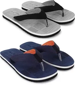 Footexo Casual Slippers Combo For Men With EVA Sole | Durable & Lightweight | Stylish Flip-Flop | Cushioned Footbed - Comfortable Fit for Every Occasion | (102) | Color GREY & NAVY BLUE | Size : 8