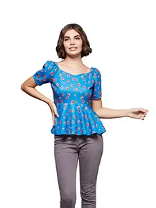 Miss Chase Women's Multicolored-Base-Blue Slim Fit Regular Premium Polyknit Top(MCSS22TP14-21-163-06, Multicolored-Base-Blue, XL)