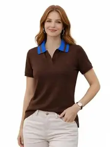 JUNEBERRY® Women’s Regular Fit Lycra Polo T-Shirt with V-Neck and Contrast Trim on Collar and Half Sleeves, Soft Fabric for Comfortable All-Day Wear (Sizes S to 2XL)