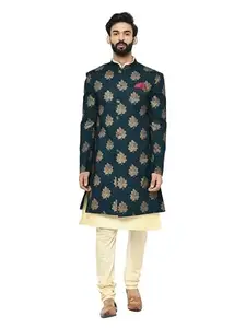 KISAH Men's Indo Western Kurta Sherwani Churidar Set, Blue Cotton Blend, Foil Print Regular Fit Mandarin Collar Full Sleeves (44)