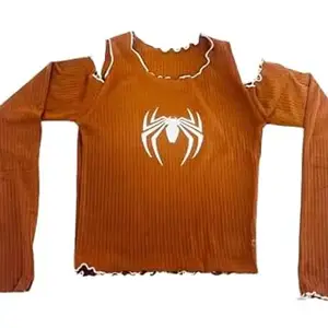 Jattitude Dreams SPDR Theam-Printed Open Shoulder Crop Top for Girls and Women | Polyester Fabric | Color Brown Size L