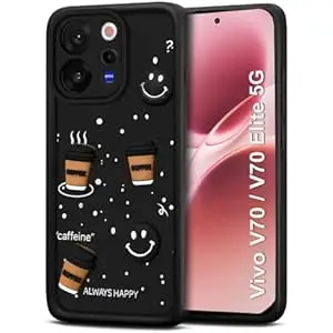 MOBIKIT Compatible with Vivo V70 / V70 Elite 5G 5G Back Cover | Stylish Coffee Cartoon Printed Soft TPU Case | Shockproof, Slim & Flexible Protective Mobile Cover (Black)