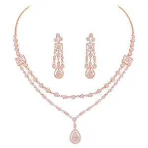 Peora Rose Gold Plated Cubic Zirconia Studded Two Layer Pendant Style Necklace & Drop Earrings Fancy Western Jewellery Set for Women
