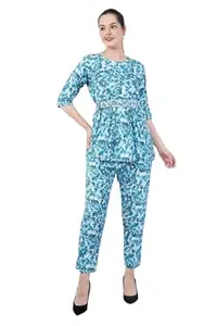 JIDI FASHION Women's Floral Print Co-ord Set, 3/4 Sleeve Peplum Top with Trousers, Blue and White, Rayon (IN, Alpha, 2XL, Blue)