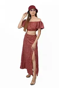 Women's Floral Printed Two Piece Dress Western (X-Large, Maroon)