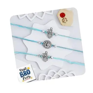eCraftIndia Set of 3 Lord Shiva Trishul, Ganesha, Krishna Religious Designer Rakhis, Best Bro Ever Fridge Magnet with Roli Chawal Pack - Rakhis for Brother, Bhabhi, Kids