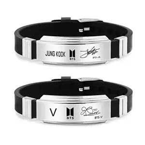 YouBella Jewellery Stylish Celebrity Wear Kpop BTS Exquisite Signature Printing Stainless Steel Silicon Wristband Unisex Bracelet Combo for Girls and Boys