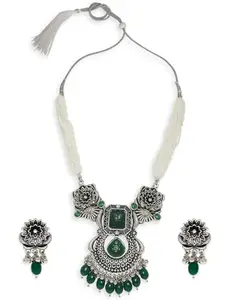 OOMPH Jewellery Oxidised Silver Tone Green Engraved Jaipur Stones Ethnic Necklace Set with Drop Earrings For Women & Girls Stylish Latest (NECK2_Z3)- For Women & Girls Stylish Latest