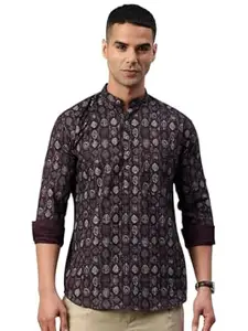 Majestic Man Men's Pure Cotton Printed Mandarin Collar Slim Fit Roll-Up Sleeves Short Kurta