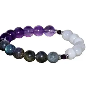 Lady Works Natural Amethyst, Moonstone & Labradorite 10mm Round Shape Smooth Cut Beads 6.5 Inch Stretchable Bracelet For Men & Women. Unisex Bracelet For Healing, Meditation & Luck|LW_BRST_00598_6.5