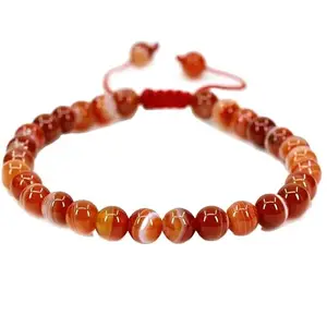RRJEWELZ Natural Red Dream Agate Round Shape 8mm Smooth Beads Red Color Threaded Adjustable Bracelet For Men & Women. |TDBR_1496