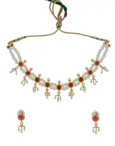 ANURADHA PLUS® Pink Colour Traditional Short Necklace With Earrings Combo Set | Maharashtrian Kolhapuri Saaj |Pearls Beads Chinchpeti Jewellery Set