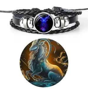 Swissbell - Capricon ((मकर राशि)) Bracelet Black, imported Leather Bracelet Adjustable with wrist, Zodiac Bracelets For Unisex Adult