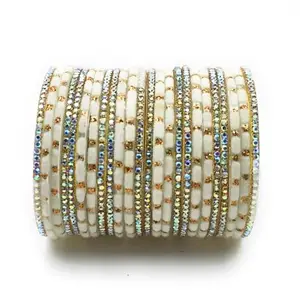 Crystal Layered Bangle Set, White and Gold, Iridescent Rhinestone Design Glass bangles velvet pack of24 (velvet and stone, (2.2))