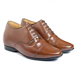 FASCZO Men's Height Increasing Formal Oxford Lace-Up Semi Brogue l Patent Faux Leather Shoes Brown (FAA-654)
