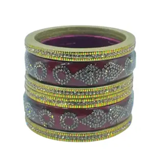 Traditional Indian Lac Bangles Set for Women – Maroon with Golden & Stone Work – Ethnic Wedding Jewelry