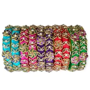 Blue jays hub Silk Thread Bangles New kundan Style Pink And Gold color Set Of 10 for Women/Girls (Multi4 cut1, 2-8 Big size)