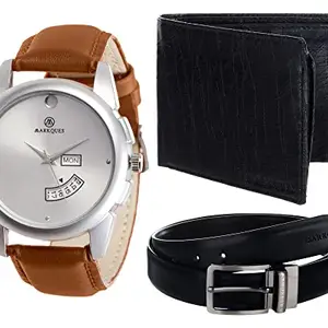 MARKQUES Day and Date Men's Watch, Leather Wallet and Belt 3 in 1 Combo Festival Gift Set for Men and Boys (STV-770904-BON-4401-NL-01)