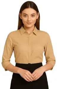 PRIASE B Women's Formal Shirt, 3/4 Sleeve, Regular Fit, Solid (in, Alpha, L, Regular, Light French Beige)