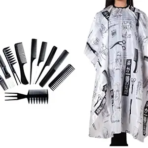 De-Ultimate Combo Of Professional Hair Styling Combs Set With Printed Unisex Nylon Hair Cutting Sheet Hairdressing Gown Cape Barber Cloth Makeup Apron