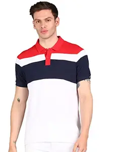 Urbano Fashion Men's White, Red, Navy Colour-Block Slim Fit Half Sleeve Cotton Polo T-Shirt (polocb-025-whirednav-l)