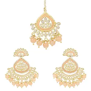 I Jewels 18K Gold Plated Traditional Kundan & Pearl Chandbali Earrings with Maang Tikka Set for Women/Girls (TE3015Pe)