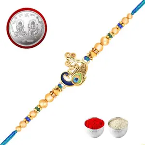 De Marquis Send Rakhi Gift for Brother | Laxmi-Ganesh Pooja Coin, Roli-Chawal Pack, Best Wishes Greeting Card (HAPPY RAKSHABANDHAN)