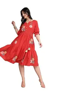 Stylum Women's Red Solid & Embroidered Cotton Tiered Dress