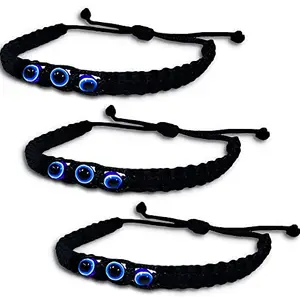 (Set Of 3 Pcs) Trending Stylish Adjustable 3 Evil Eye Round Stone Moti Nazar Suraksha Kavach Wrist Band Cuff Dori Rope Bracelets For Men's And Women's